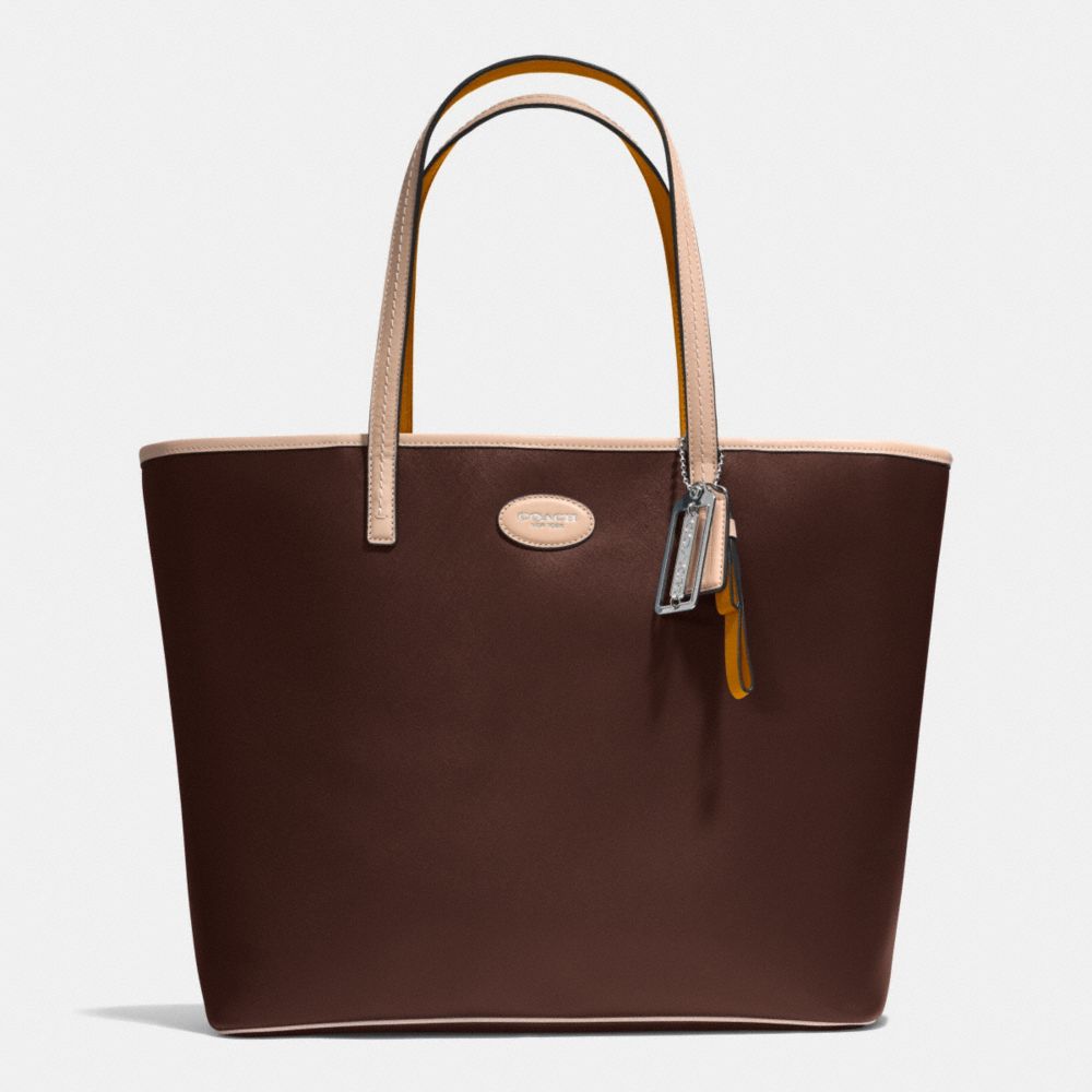 METRO LEATHER TOTE - f31326 - SILVER/MAHOGANY