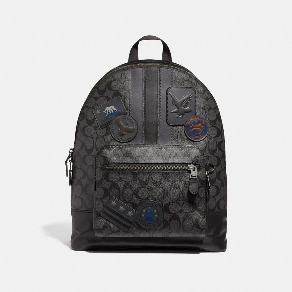 WEST BACKPACK IN SIGNATURE CANVAS WITH VARSITY STRIPE AND MILITARY PATCHES - F31335 - BLACK MULTI/BLACK ANTIQUE NICKEL