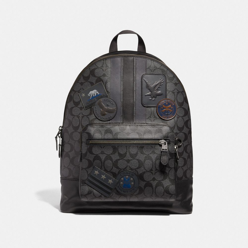 COACH F31335 West Backpack In Signature Canvas With Varsity Stripe And Military Patches BLACK MULTI/BLACK ANTIQUE NICKEL