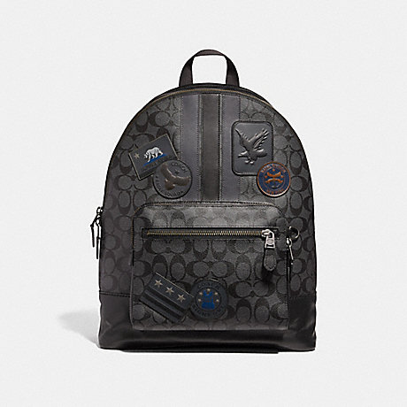 COACH F31335 WEST BACKPACK IN SIGNATURE CANVAS WITH VARSITY STRIPE AND MILITARY PATCHES BLACK MULTI/BLACK ANTIQUE NICKEL