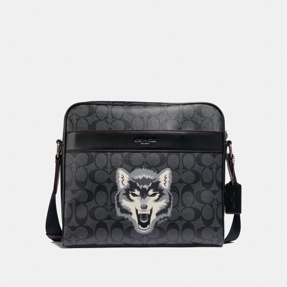 CHARLES CAMERA BAG IN SIGNATURE CANVAS WITH WOLF MOTIF - BLACK MULTI/BLACK ANTIQUE NICKEL - COACH F31337