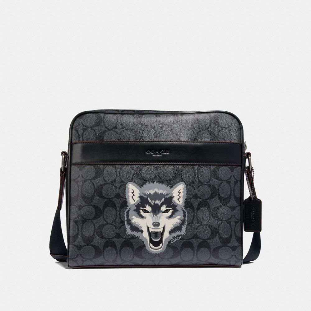 COACH F31337 Charles Camera Bag In Signature Canvas With Wolf Motif BLACK MULTI/BLACK ANTIQUE NICKEL