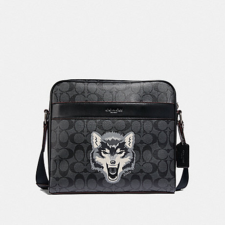 COACH F31337 CHARLES CAMERA BAG IN SIGNATURE CANVAS WITH WOLF MOTIF BLACK-MULTI/BLACK-ANTIQUE-NICKEL