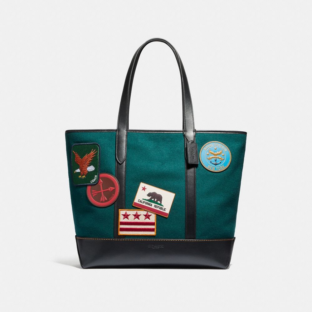 WEST TOTE WITH MILITARY PATCHES - COACH F31340 - FOREST GREEN  MULTI/BLACK ANTIQUE NICKEL