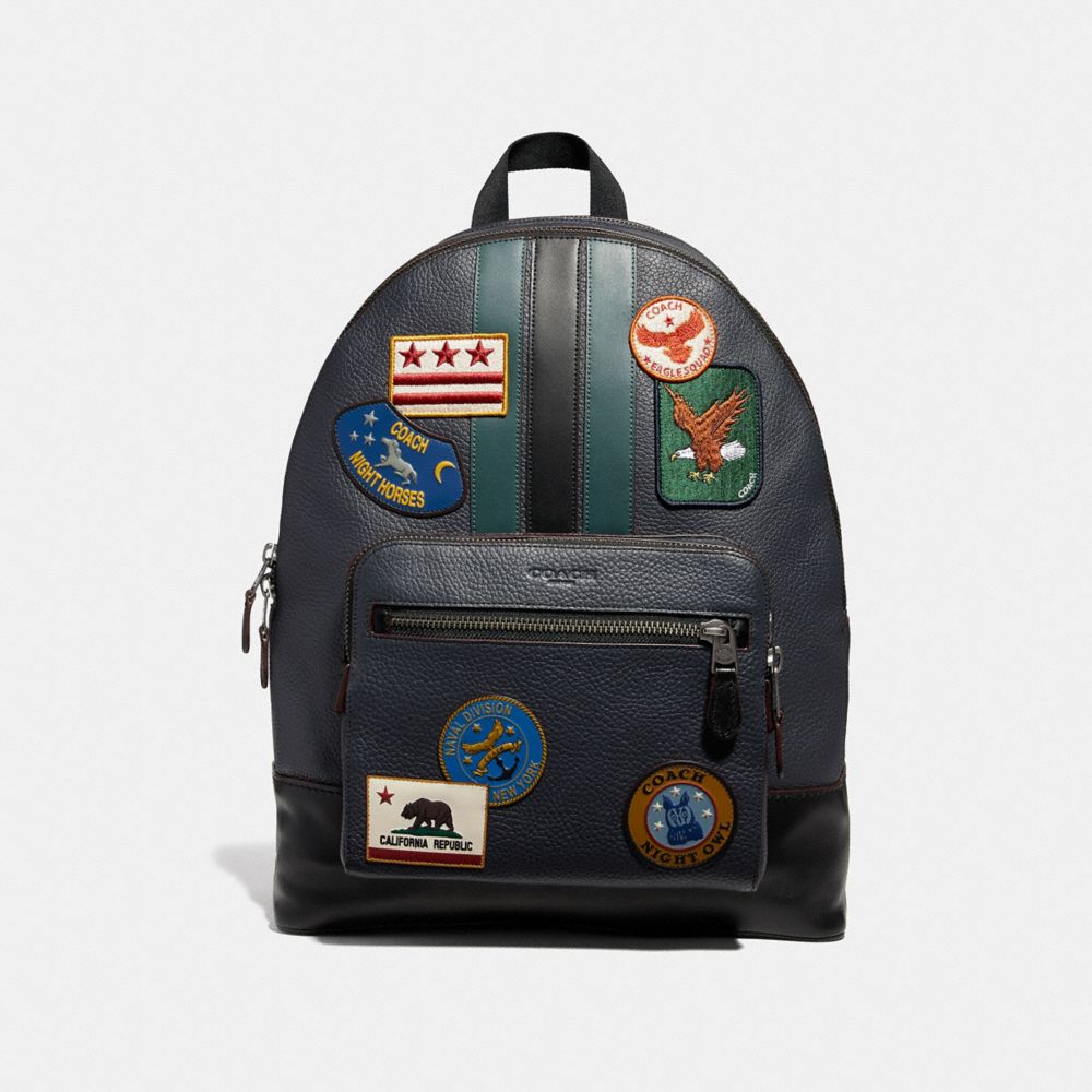 COACH F31346 WEST BACKPACK WITH VARSITY STRIPE AND MILITARY PATCHES NAVY MULTI/BLACK ANTIQUE NICKEL