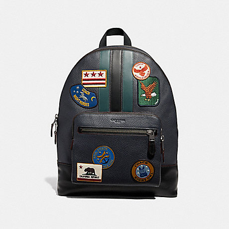 COACH F31346 WEST BACKPACK WITH VARSITY STRIPE AND MILITARY PATCHES NAVY-MULTI/BLACK-ANTIQUE-NICKEL