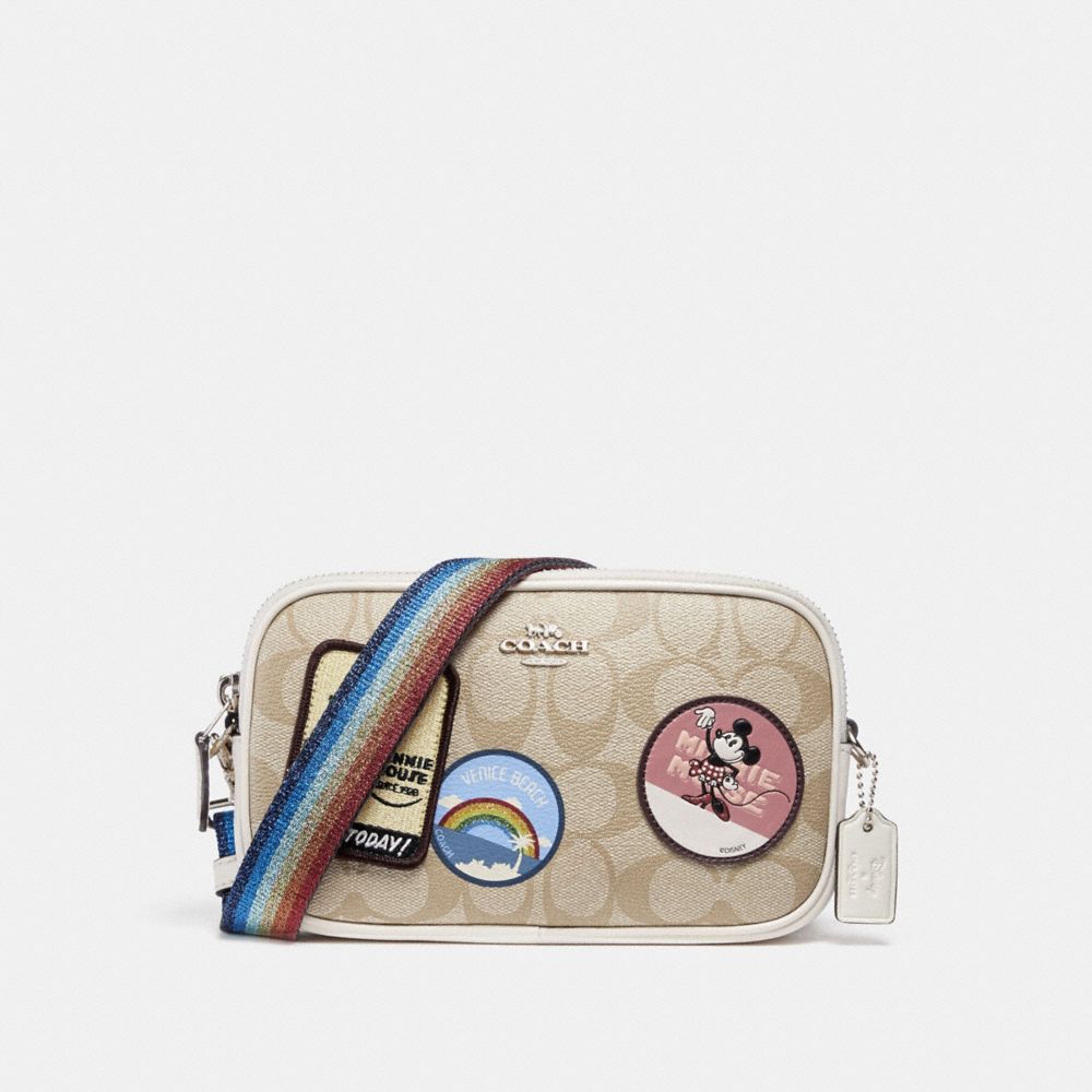 COACH CROSSBODY POUCH IN SIGNATURE CANVAS WITH MINNIE MOUSE PATCHES - SILVER/LIGHT KHAKI/CHALK - f31349