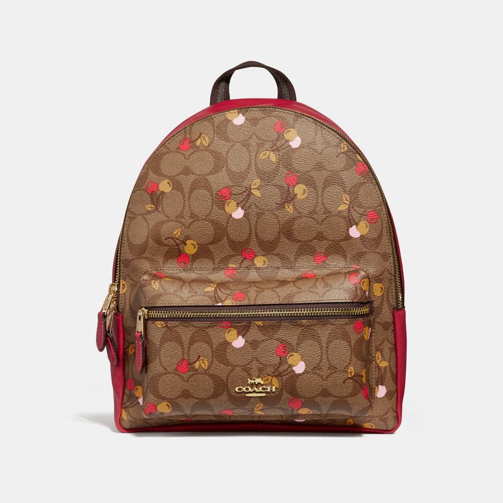 MEDIUM CHARLIE BACKPACK IN SIGNATURE CANVAS WITH CHERRY PRINT -  COACH f31372 - KHAKI MULTI /light gold
