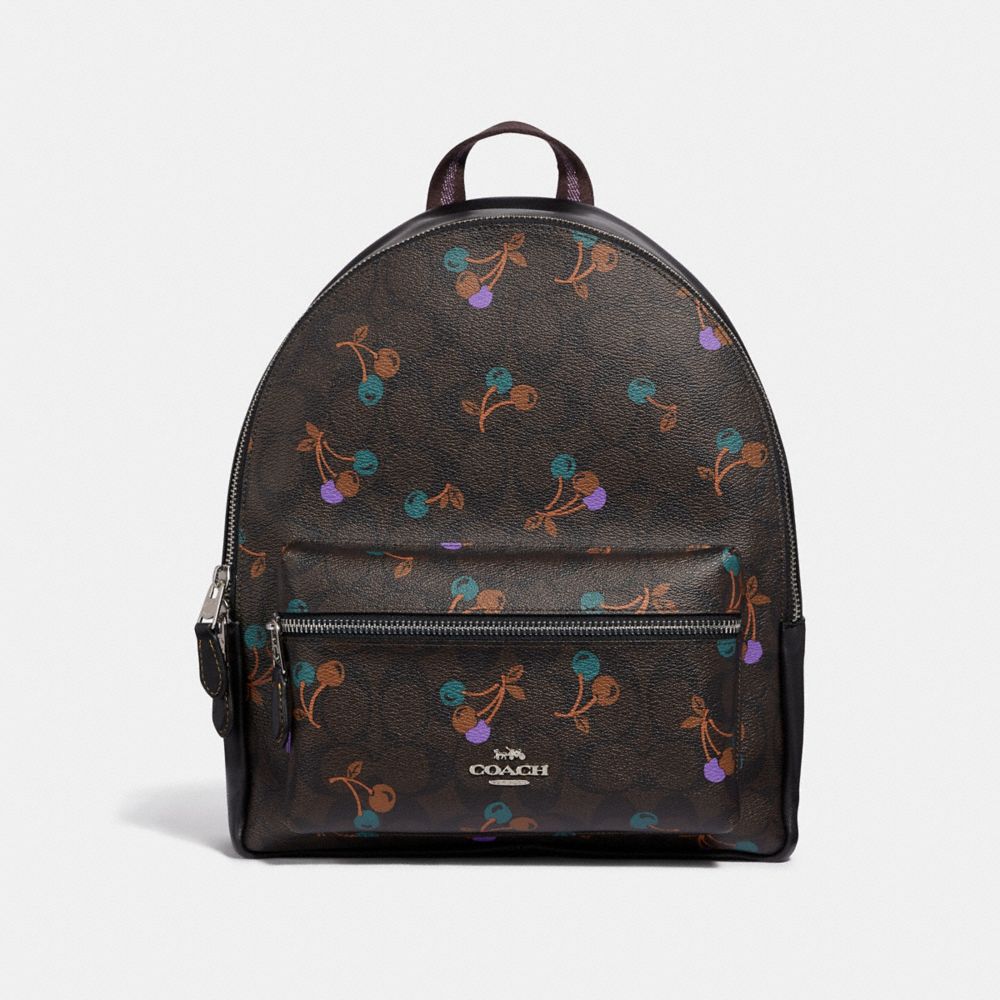 MEDIUM CHARLIE BACKPACK IN SIGNATURE CANVAS WITH CHERRY PRINT - f31372 - BROWN MULTI/SILVER
