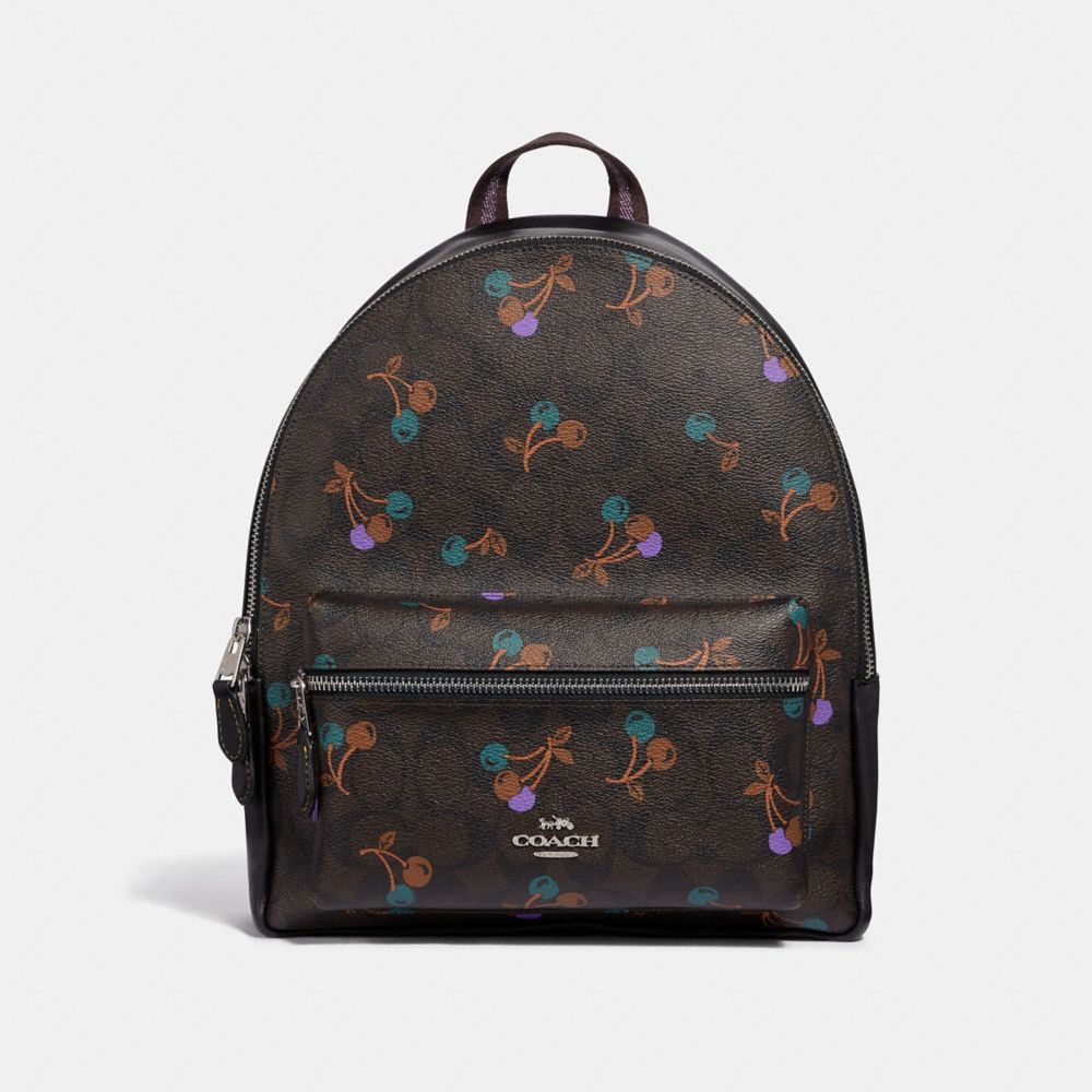 COACH MEDIUM CHARLIE BACKPACK IN SIGNATURE CANVAS WITH CHERRY PRINT - BROWN MULTI/SILVER - F31372