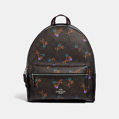 COACH f31372 MEDIUM CHARLIE BACKPACK IN SIGNATURE CANVAS WITH CHERRY PRINT BROWN MULTI/SILVER