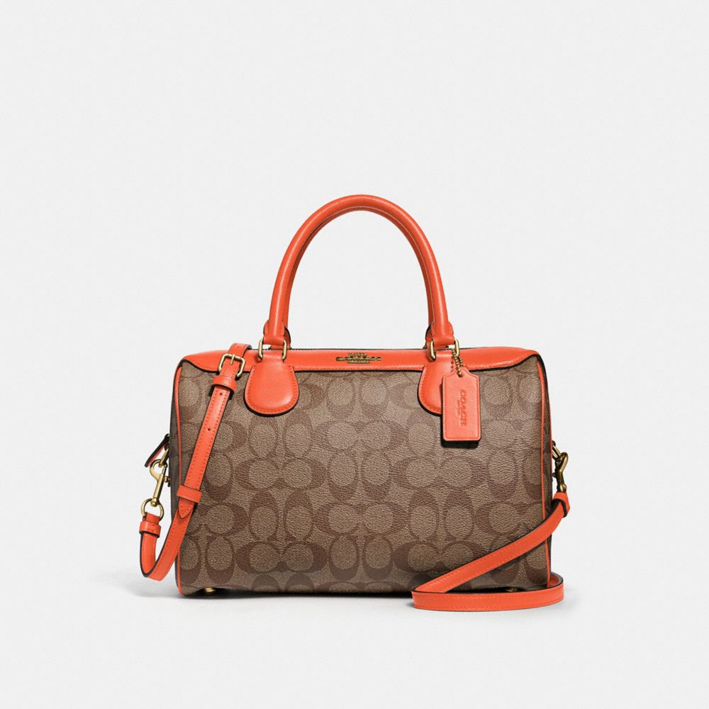 COACH LARGE BENNETT SATCHEL IN SIGNATURE CANVAS - KHAKI/NEON ORANGE/LIGHT GOLD - F31383