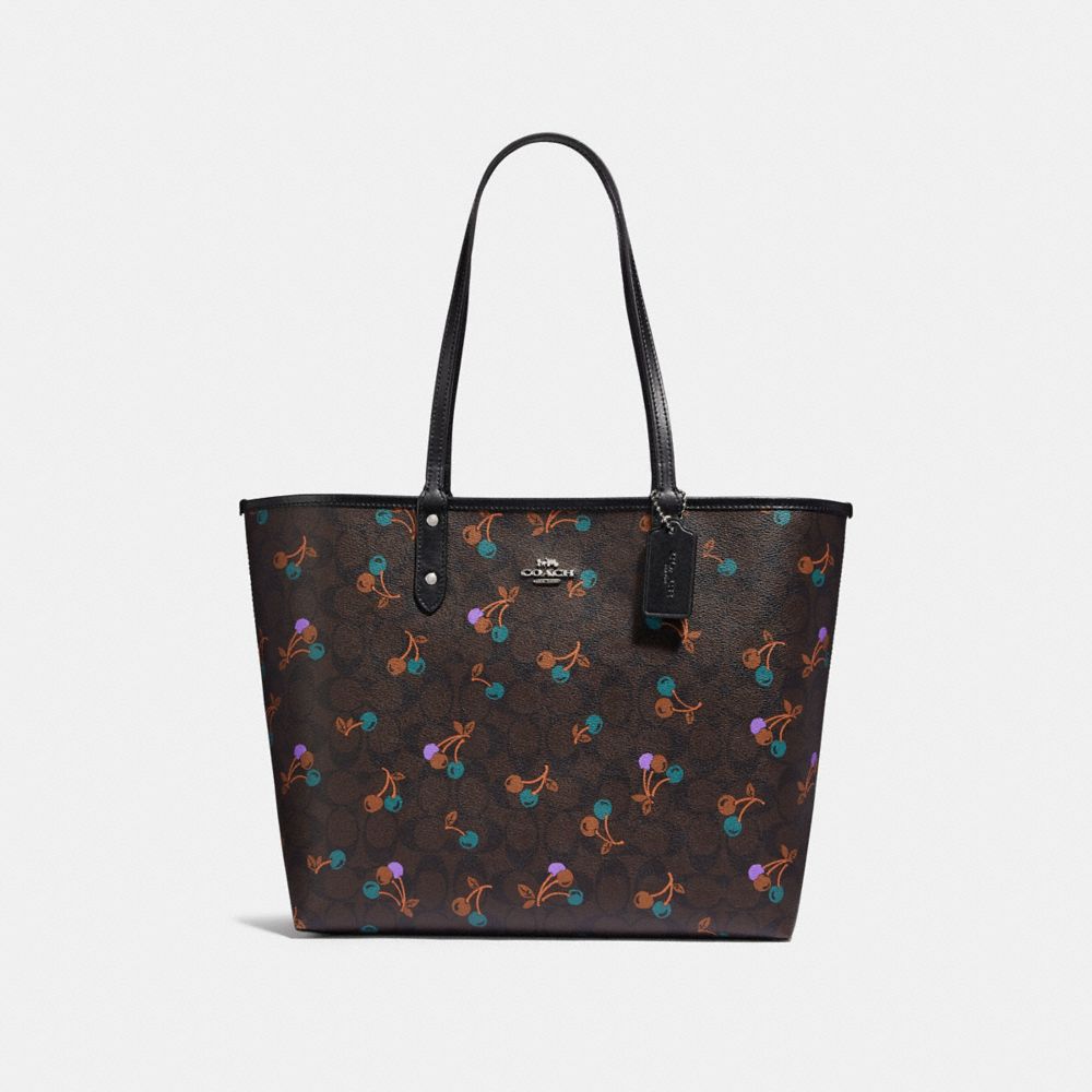 REVERSIBLE CITY TOTE IN SIGNATURE CANVAS WITH CHERRY PRINT - BROWN MULTI/SILVER - COACH F31389