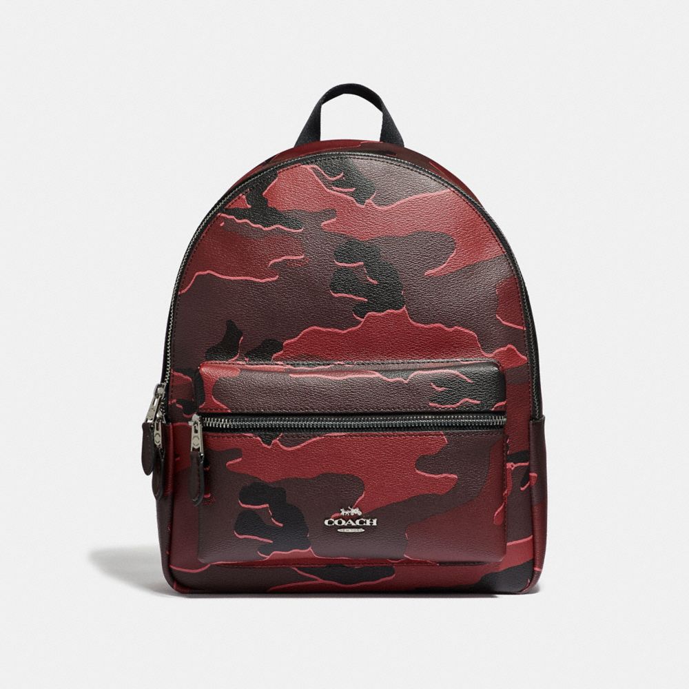 COACH F31452 Medium Charlie Backpack With Wild Camo Print BURGUNDY MULTI/SILVER