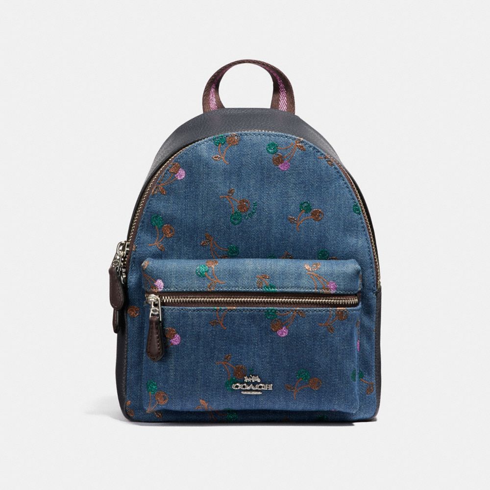 COACH F31484 Mini Charlie Backpack With Cherry Print DENIM/MULTI/SILVER