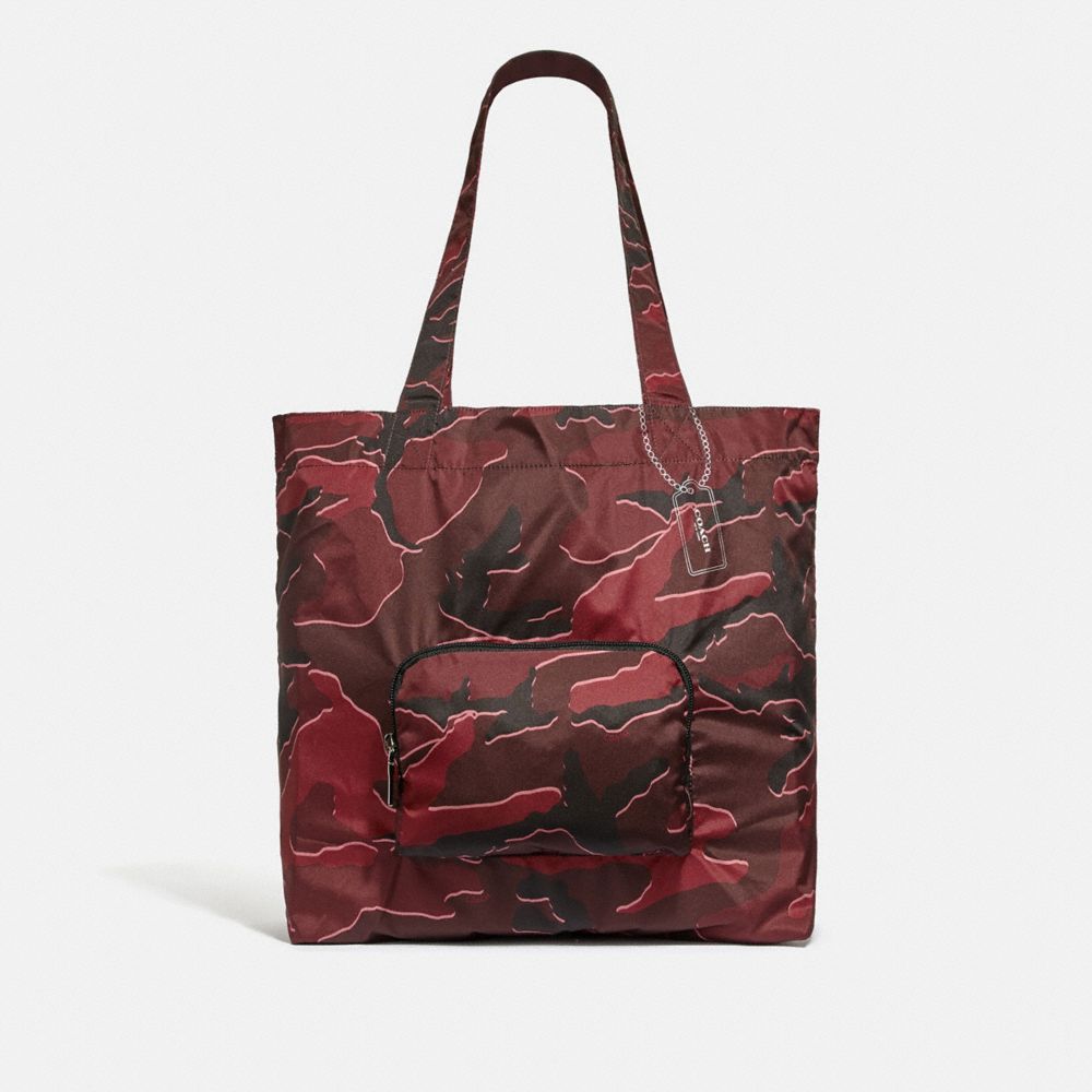 COACH F31488 Packable Tote With Wild Camo Print BURGUNDY MULTI/SILVER