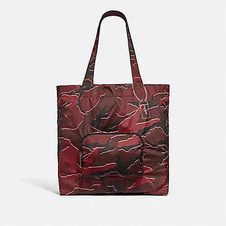 COACH F31488 PACKABLE TOTE WITH WILD CAMO PRINT BURGUNDY-MULTI/SILVER