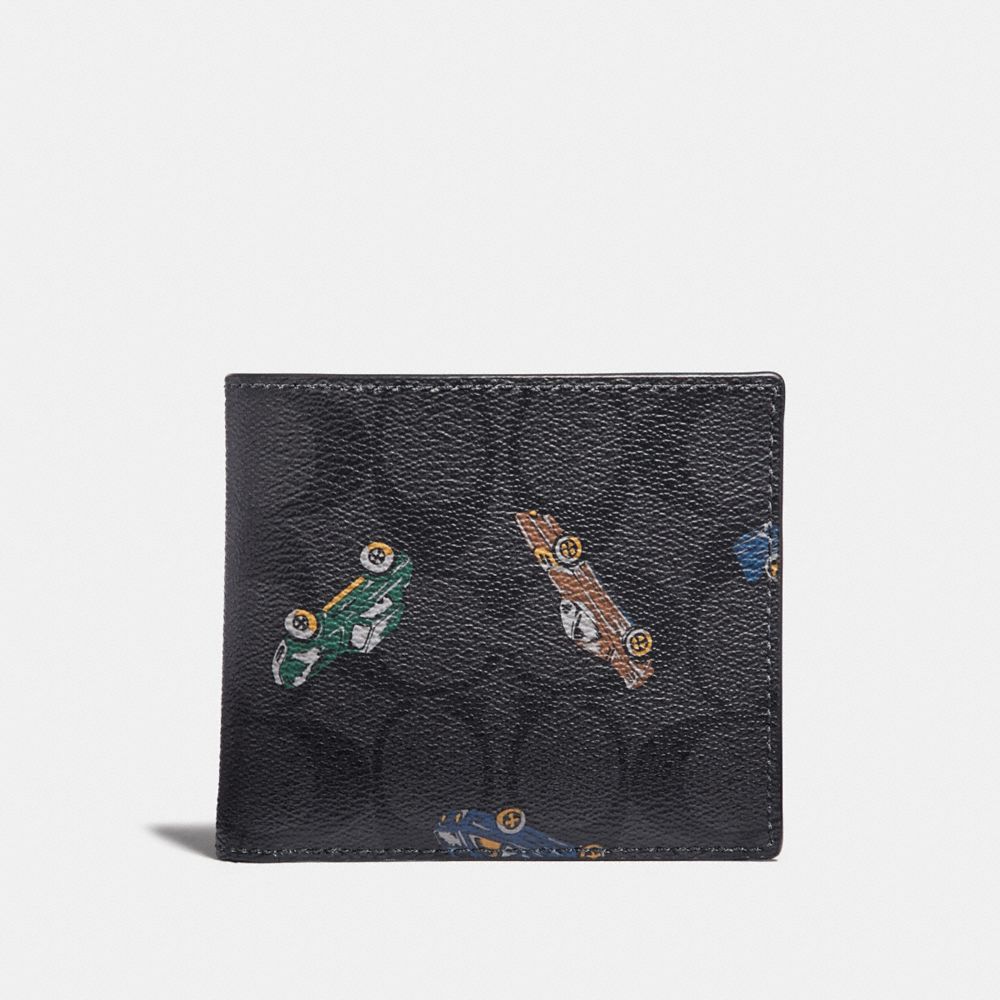 DOUBLE BILLFOLD WALLET IN SIGNATURE CANVAS WITH CAR PRINT - COACH  f31492 - ANTIQUE NICKEL/BLACK MULTI