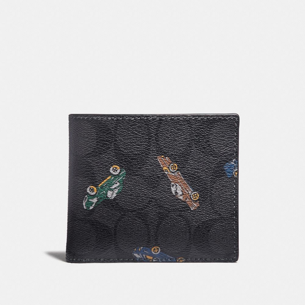 COACH f31492 DOUBLE BILLFOLD WALLET IN SIGNATURE CANVAS WITH CAR PRINT ANTIQUE NICKEL/BLACK MULTI