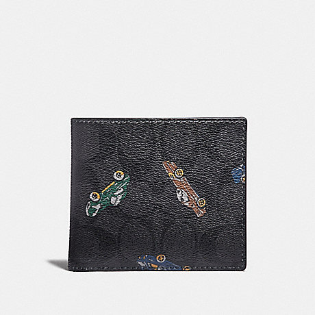 COACH DOUBLE BILLFOLD WALLET IN SIGNATURE CANVAS WITH CAR PRINT - ANTIQUE NICKEL/BLACK MULTI - f31492