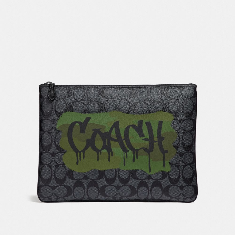 COACH F31515 LARGE POUCH IN SIGNATURE CANVAS WITH GRAFFITI CHARCOAL/BLACK/BLACK ANTIQUE NICKEL