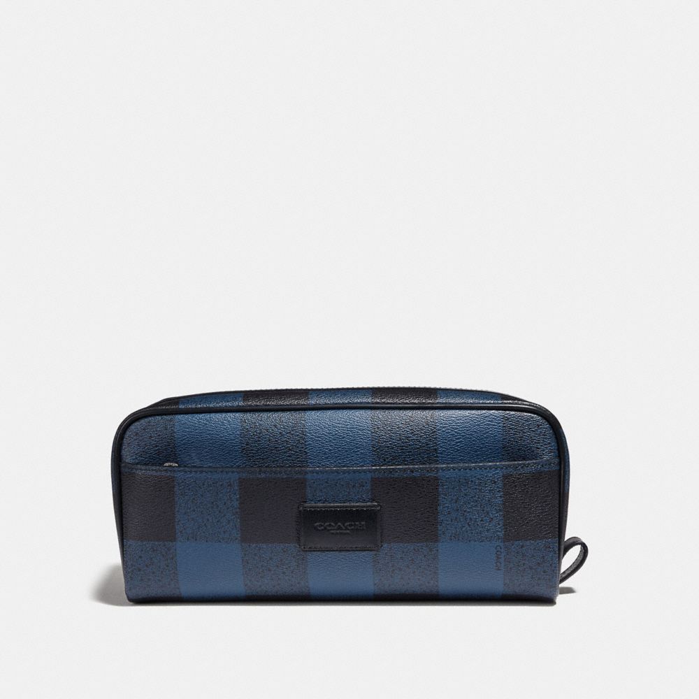 COACH DOUBLE ZIP DOPP KIT WITH BUFFALO CHECK PRINT - BLUE MULTI/BLACK ANTIQUE NICKEL - F31517