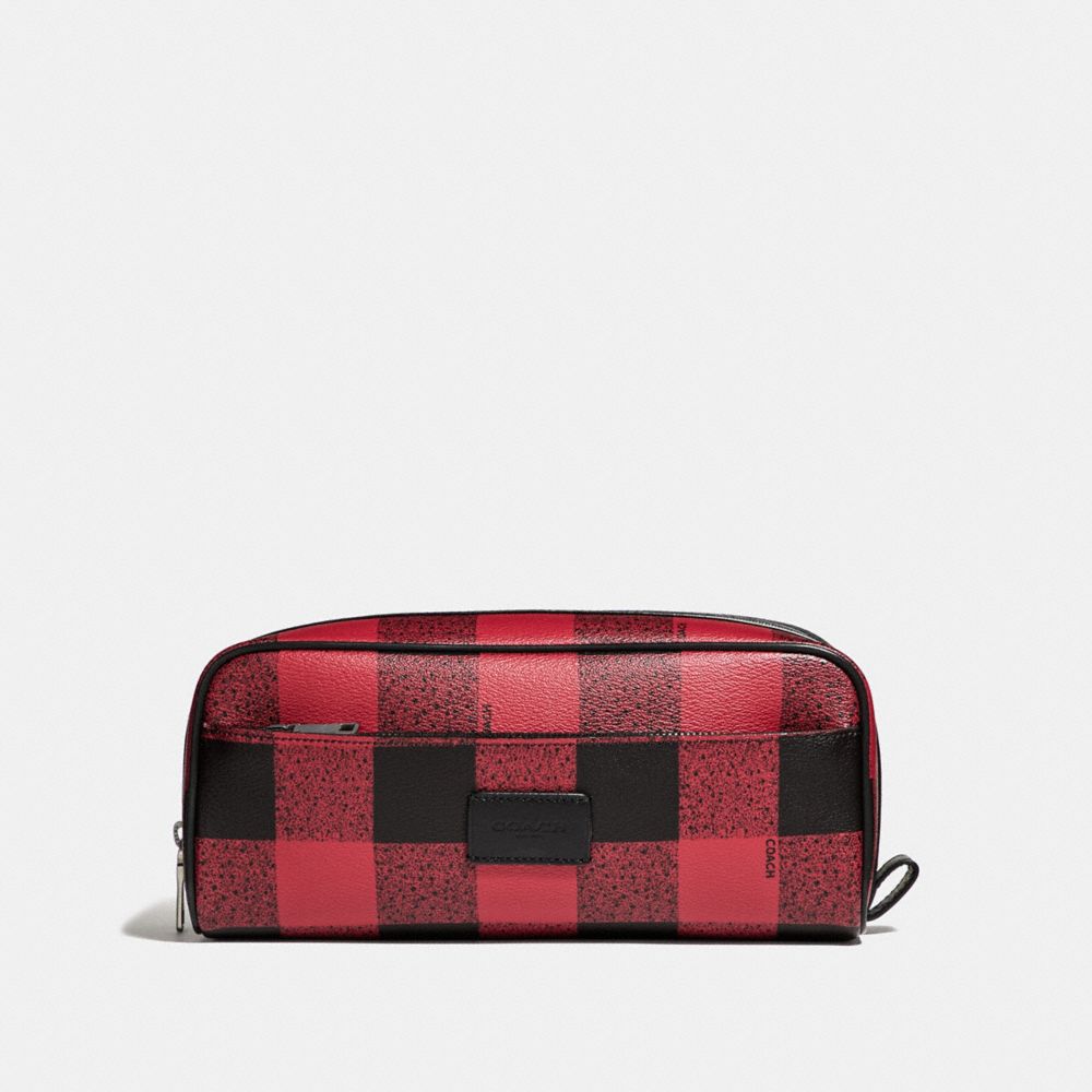 COACH F31517 Double Zip Dopp Kit With Buffalo Check Print RED MULTI/BLACK ANTIQUE NICKEL