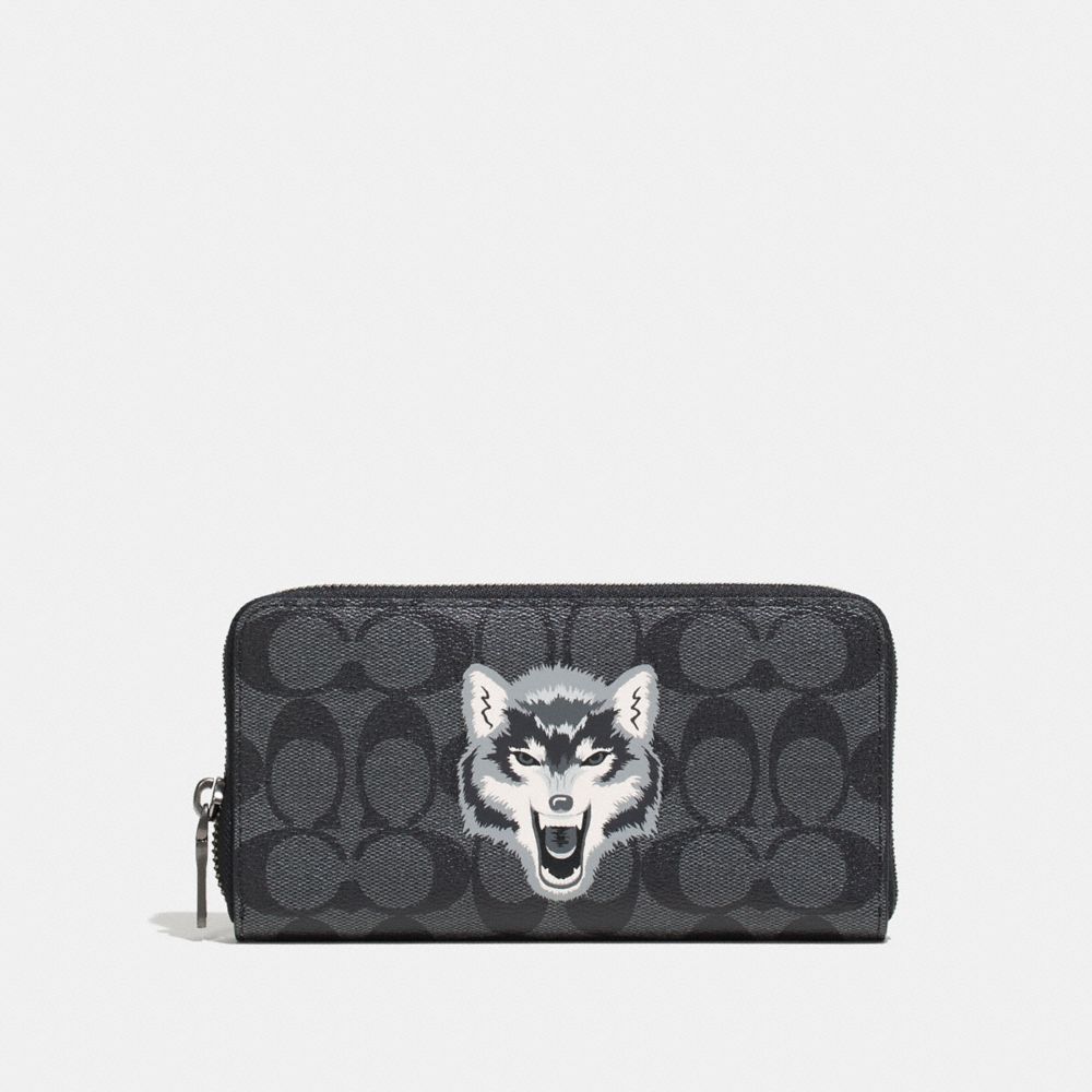 COACH ACCORDION WALLET IN SIGNATURE CANVAS WITH WOLF MOTIF - BLACK/BLACK ANTIQUE NICKEL - F31520