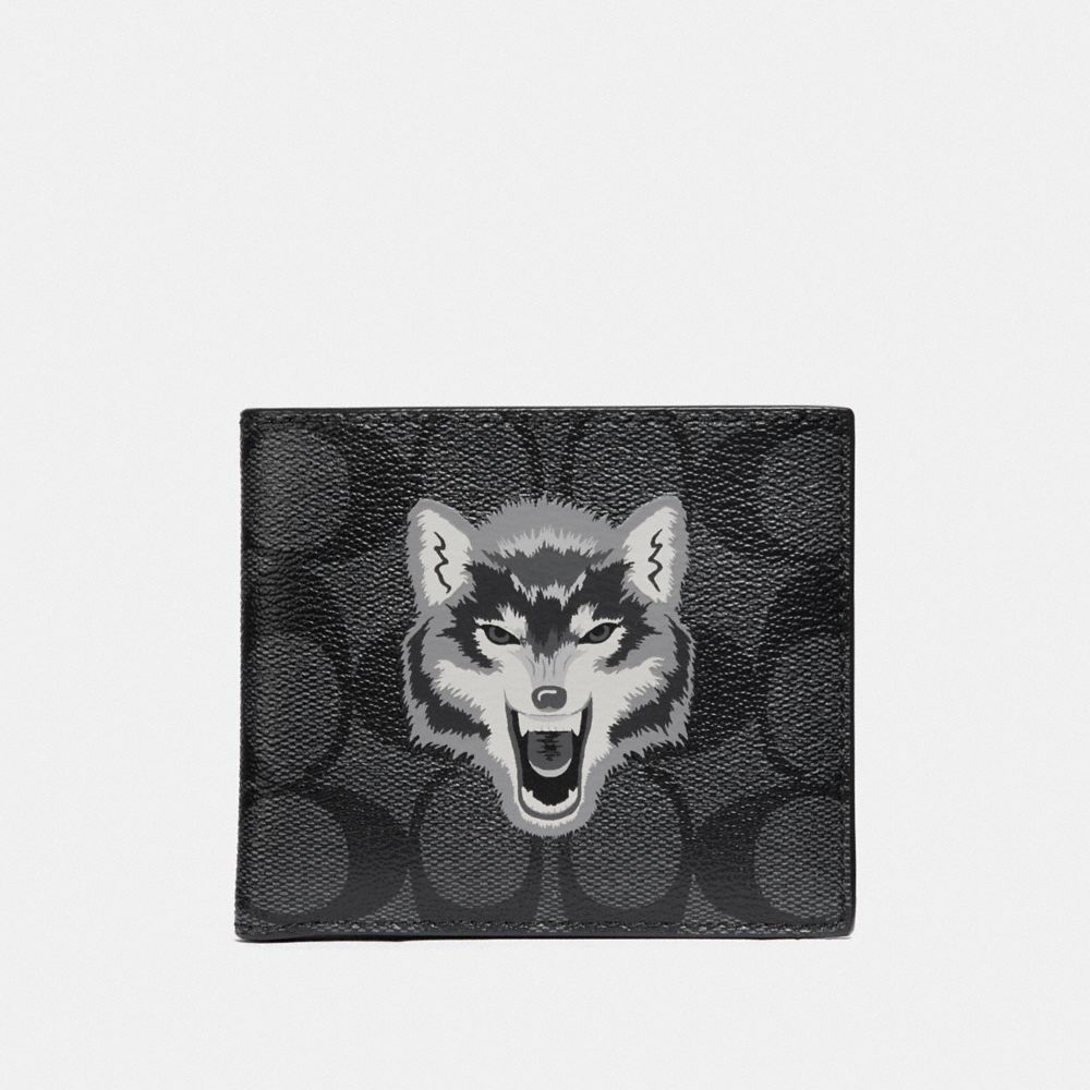 DOUBLE BILLFOLD WALLET IN SIGNATURE CANVAS WITH WOLF MOTIF - F31522 - BLACK/BLACK ANTIQUE NICKEL