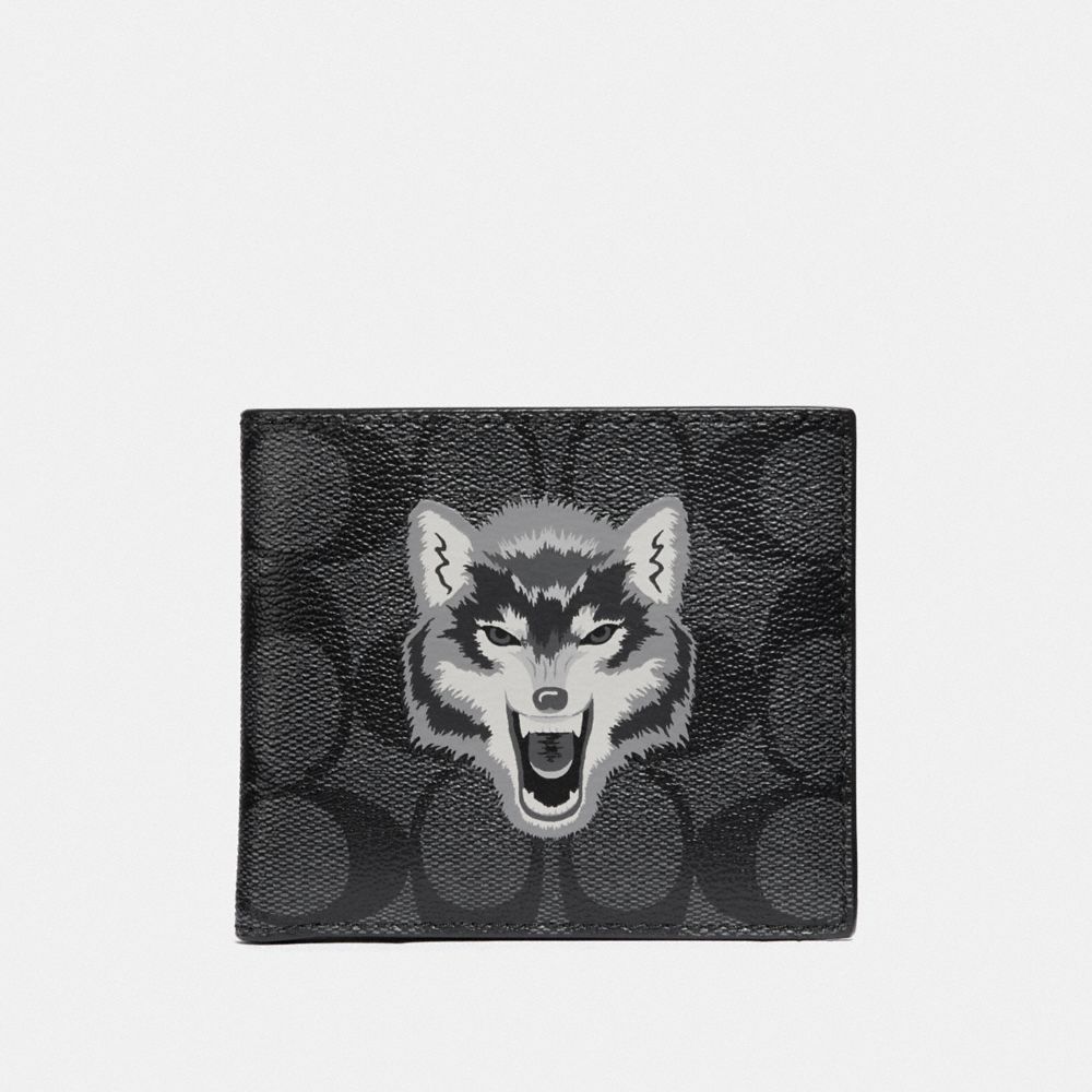 COACH F31522 DOUBLE BILLFOLD WALLET IN SIGNATURE CANVAS WITH WOLF MOTIF BLACK/BLACK ANTIQUE NICKEL