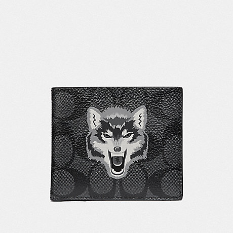 COACH DOUBLE BILLFOLD WALLET IN SIGNATURE CANVAS WITH WOLF MOTIF - BLACK/BLACK ANTIQUE NICKEL - F31522