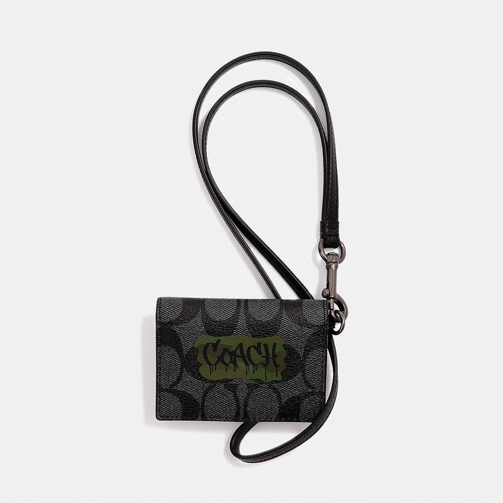 ID CARD CASE LANYARD IN SIGNATURE CANVAS WITH GRAFFITI - F31527 - CHARCOAL/BLACK/BLACK ANTIQUE NICKEL