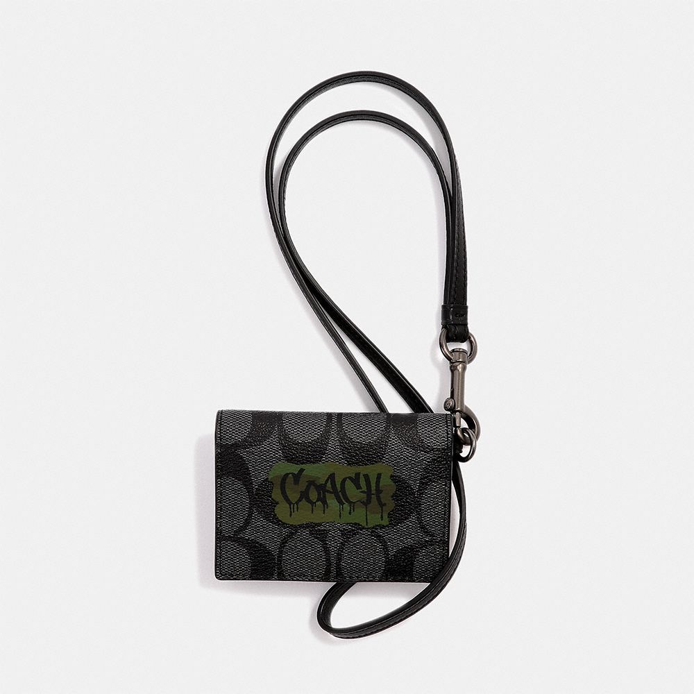 COACH F31527 Id Card Case Lanyard In Signature Canvas With Graffiti CHARCOAL/BLACK/BLACK ANTIQUE NICKEL