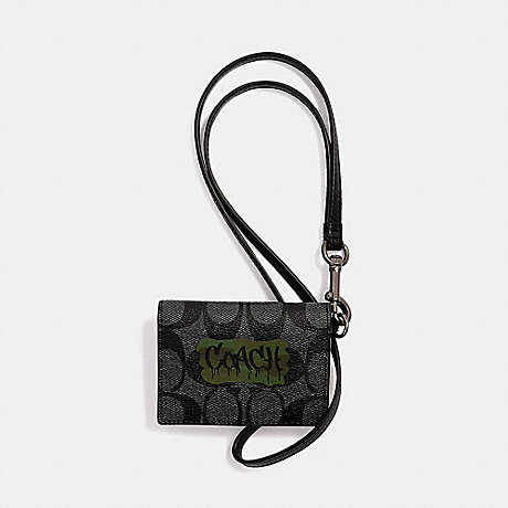 COACH ID CARD CASE LANYARD IN SIGNATURE CANVAS WITH GRAFFITI - CHARCOAL/BLACK/BLACK ANTIQUE NICKEL - F31527