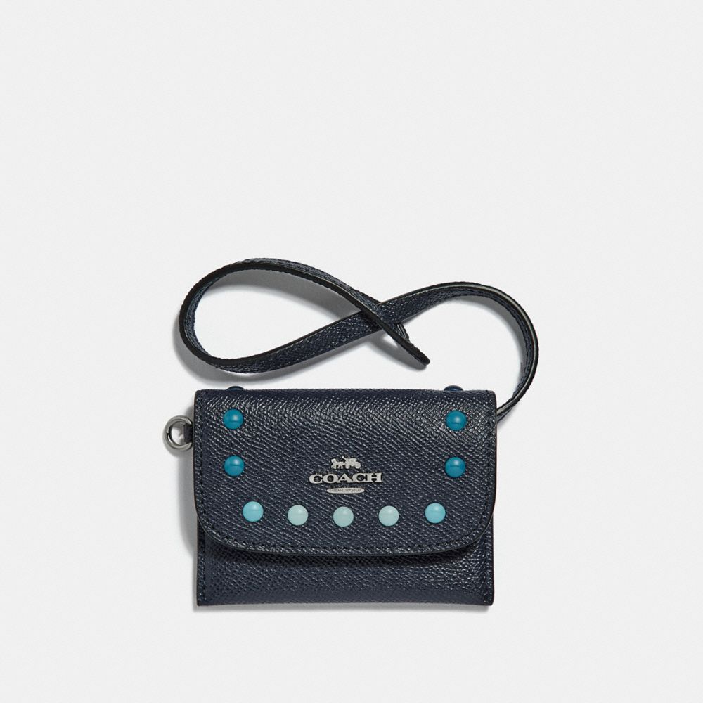 CARD POUCH WITH RAINBOW RIVETS - COACH f31554 - MIDNIGHT NAVY/SILVER