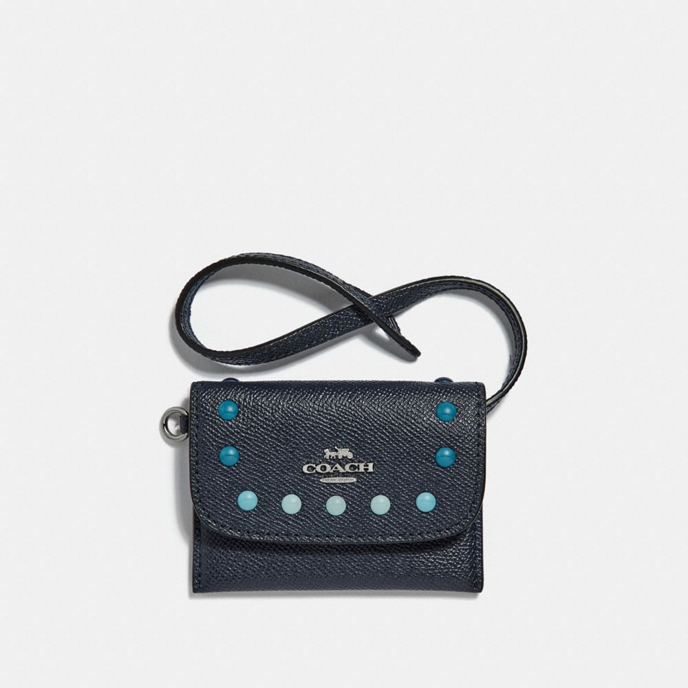 COACH F31554 - CARD POUCH WITH RAINBOW RIVETS MIDNIGHT NAVY/SILVER