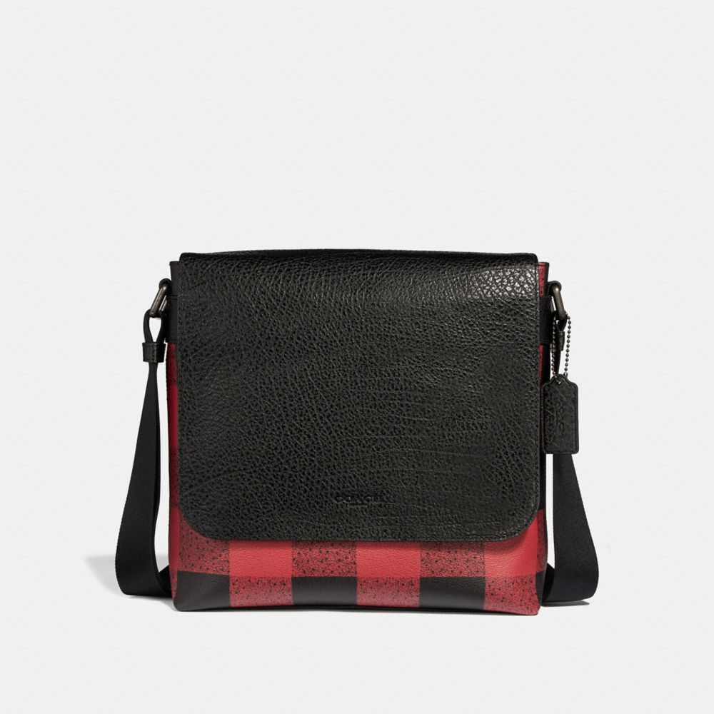 COACH f31558 CHARLE SMALL MESSENGER WITH BUFFALO CHECK PRINT RED MULTI/BLACK ANTIQUE NICKEL