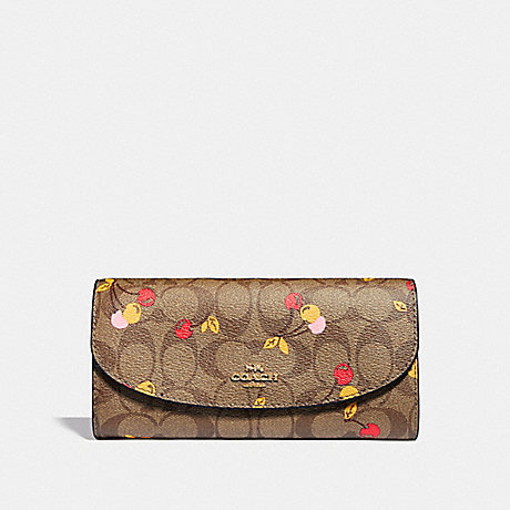 COACH SLIM ENVELOPE WALLET IN SIGNATURE CANVAS WITH CHERRY PRINT - KHAKI MULTI /light gold - f31562
