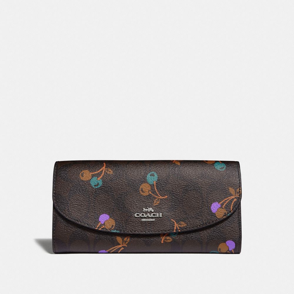 COACH F31562 Slim Envelope Wallet In Signature Canvas With Cherry Print BROWN MULTI/SILVER