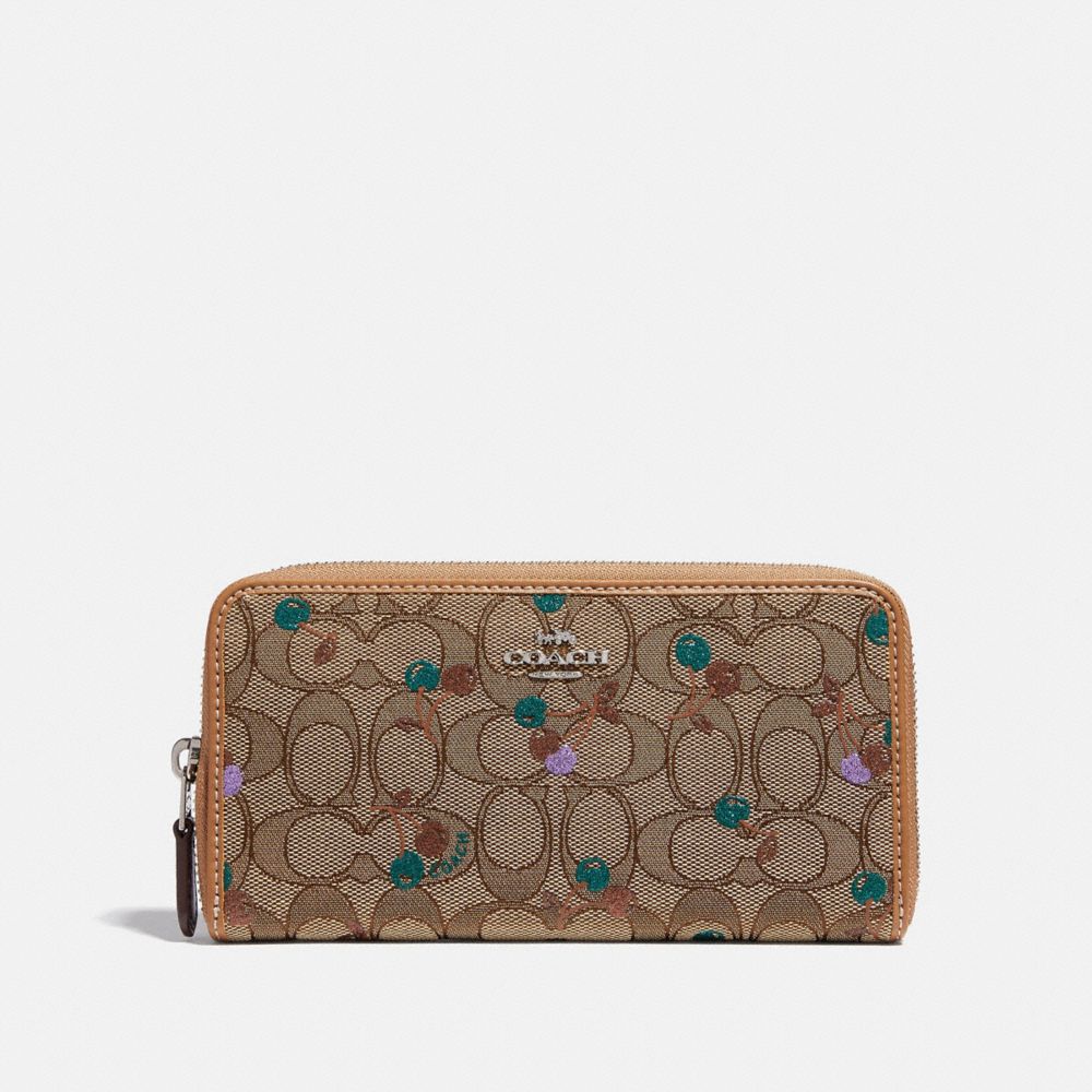 ACCORDION ZIP WALLET IN SIGNATURE JACQUARD WITH CHERRY PRINT - COACH f31563 - KHAKI MULTI /SILVER