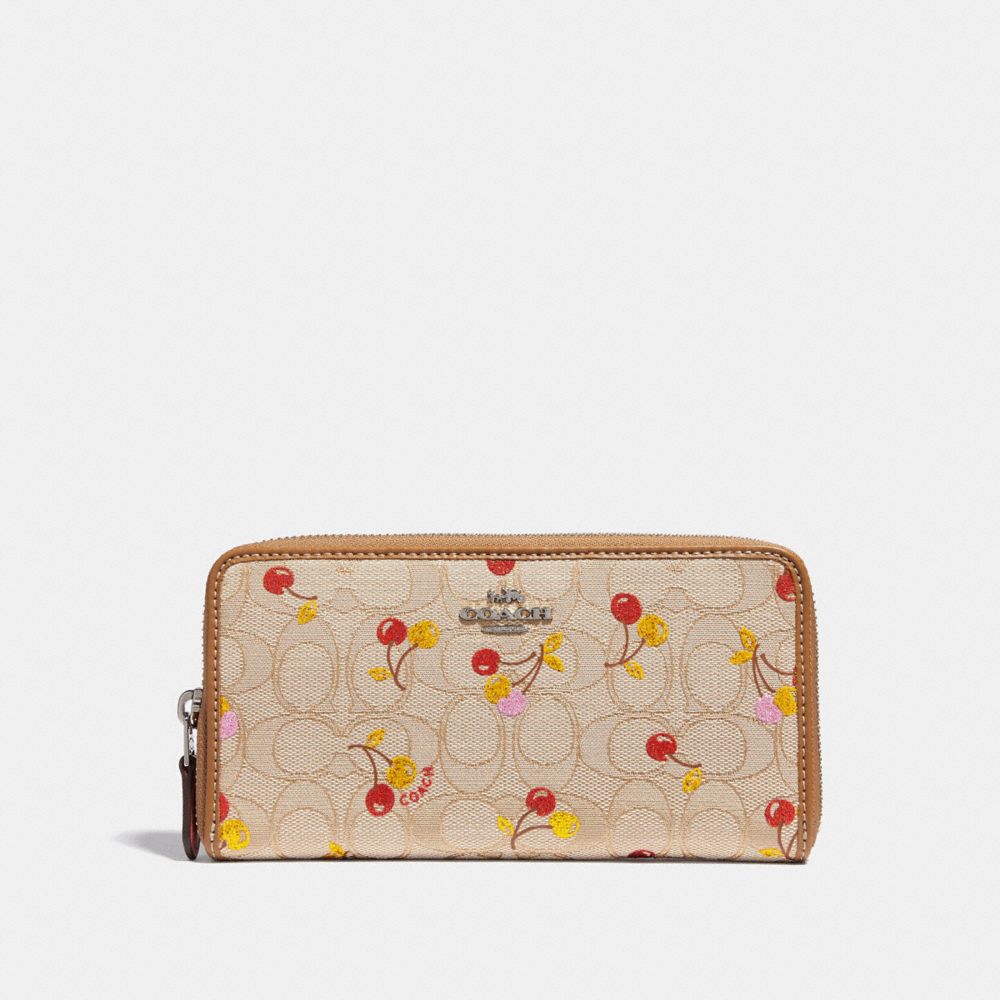 COACH F31563 ACCORDION ZIP WALLET IN SIGNATURE JACQUARD WITH CHERRY PRINT LT-KHAKI-MULTI/SILVER