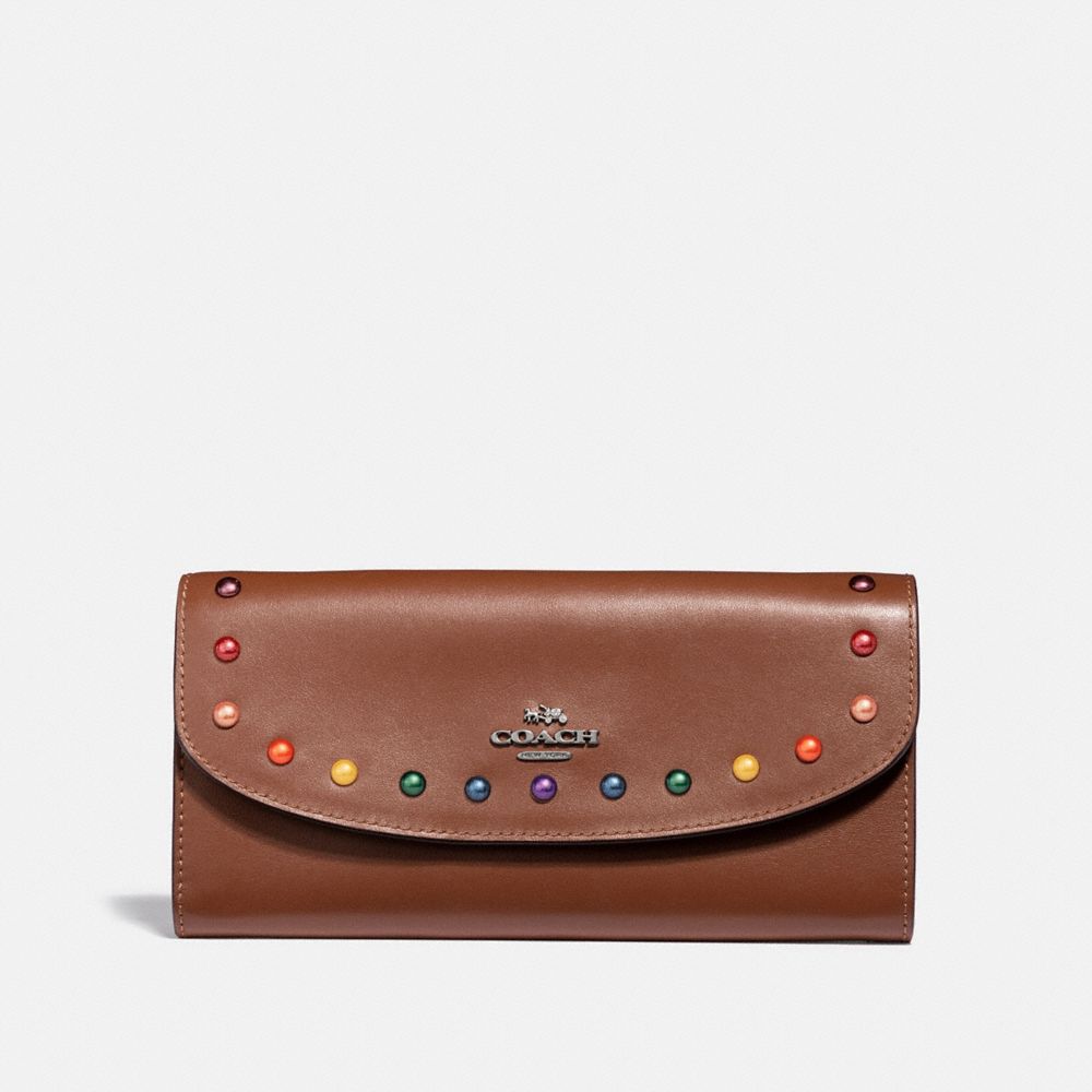 COACH f31568 SLIM ENVELOPE WALLET WITH RAINBOW RIVETS DARK SADDLE/BLACK ANTIQUE NICKEL