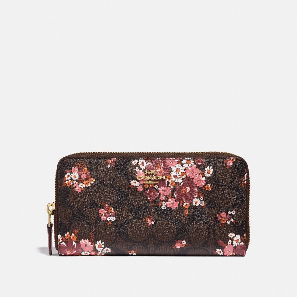 COACH f31572 ACCORDION ZIP WALLET IN SIGNATURE CANVAS WITH MEDLEY BOUQUET PRINT BROWN MULTI/light gold