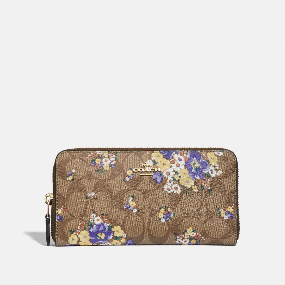 COACH f31572 ACCORDION ZIP WALLET IN SIGNATURE CANVAS WITH MEDLEY BOUQUET PRINT KHAKI MULTI /light gold