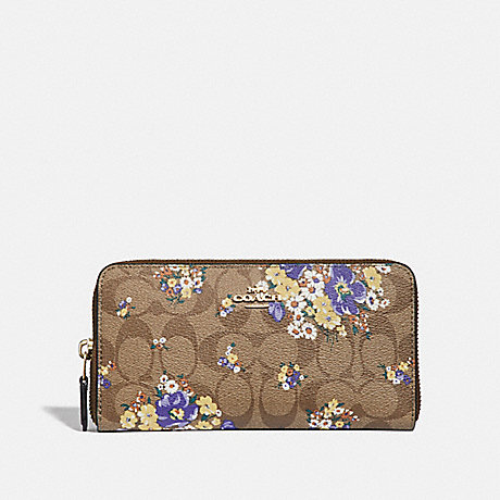COACH f31572 ACCORDION ZIP WALLET IN SIGNATURE CANVAS WITH MEDLEY BOUQUET PRINT KHAKI MULTI /light gold