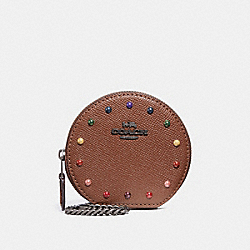 COACH F31574 - ROUND COIN CASE WITH RAINBOW RIVETS DARK SADDLE/BLACK ANTIQUE NICKEL