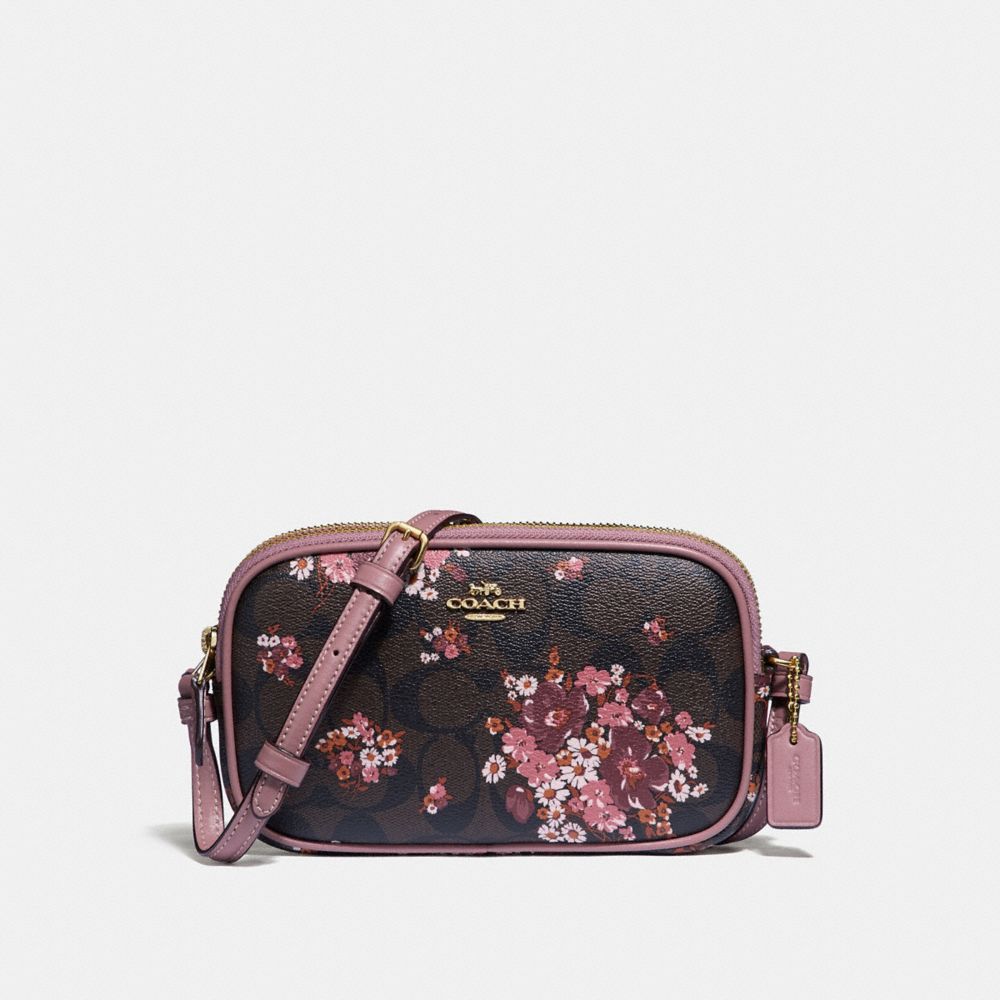 COACH f31580 CROSSBODY POUCH IN SIGNATURE CANVAS WITH MEDLEY BOUQUET PRINT BROWN MULTI/light gold