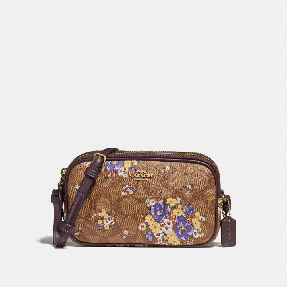 CROSSBODY POUCH IN SIGNATURE CANVAS WITH MEDLEY BOUQUET PRINT - f31580 - KHAKI MULTI /light gold
