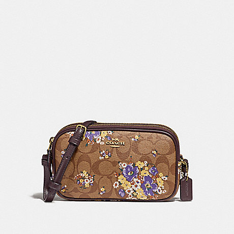 COACH f31580 CROSSBODY POUCH IN SIGNATURE CANVAS WITH MEDLEY BOUQUET PRINT KHAKI MULTI /light gold
