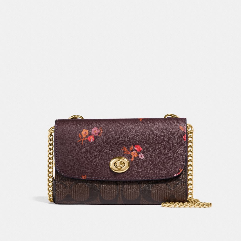 COACH F31608 FLAP PHONE CHAIN CROSSBODY IN SIGNATURE CANVAS AND BABY BOUQUET PRINT OXBLOOD MULTI/LIGHT GOLD